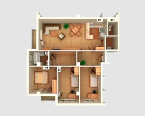A floor plan of a house with a living room, two bedrooms, and a bathroom.